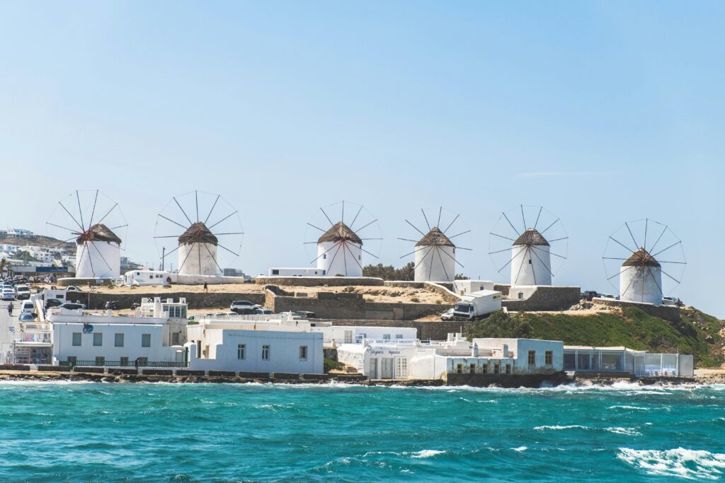 Iconic Windmills by the Aegean Sea, Mykonos Greece